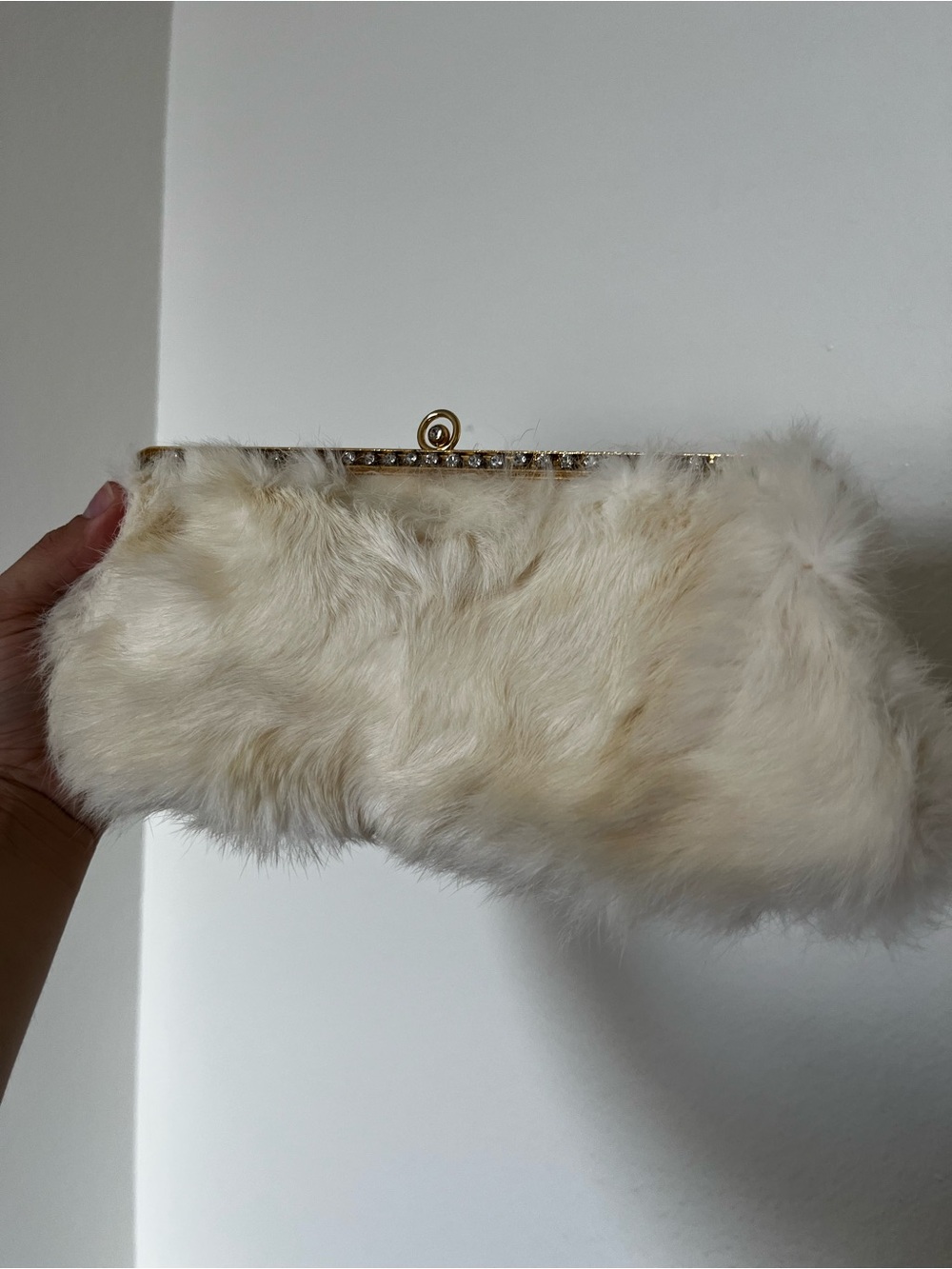 Vintage Rabbit fur Ivory Clutch Bag with Gold Frame